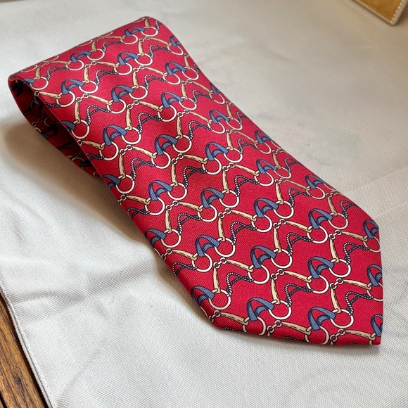 Paolo Gucci Silk Tie Horse Print Equestrian Bridle Bit Red Blue Gold 60